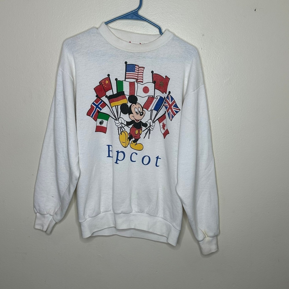 Vintage Disney Sweatshirt Epcot Mickey Mouse World Flags Showcase White sz Large